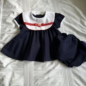 Piccolo 3-6 Months Vintage Baby Dress Bloomers Navy Blue Collar Pleated